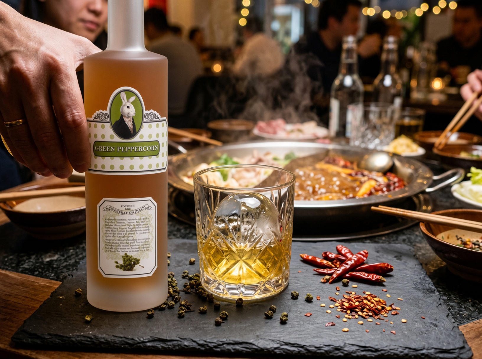 青花椒酒加冰球純飲佐麻辣火鍋情境圖